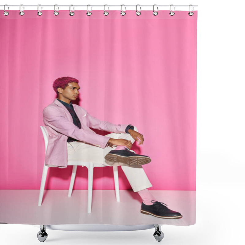 Personality  Stylish Man With Curly Hair In Pink Blazer Posing Unnaturally On White Chair Posing On Pink Backdrop Shower Curtains