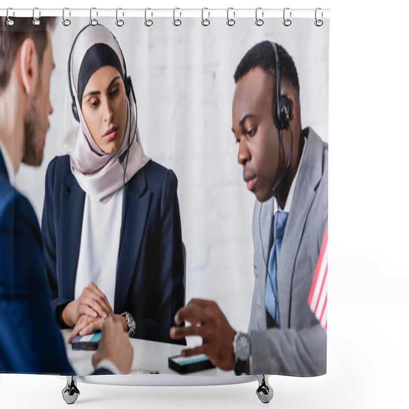 Personality  Arabian And African American Business People In Headsets Near Digital Translators And Interpreter On Blurred Foreground Shower Curtains