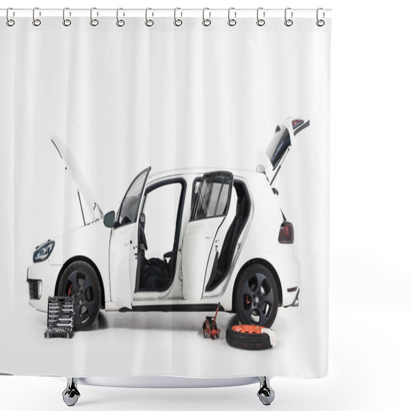 Personality  Side View Of Broken White Car With Open Doors And Open Hood On White Shower Curtains