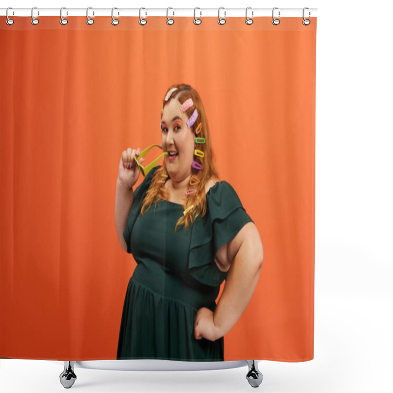 Personality  Smiling Woman With Hair Rollers Exudes Playfulness Against A Vibrant Backdrop. Shower Curtains