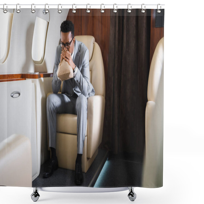 Personality  Nervous African American Businessman Breathing With Paper Bag While Having Panic Attack During Flight On Private Plane Shower Curtains