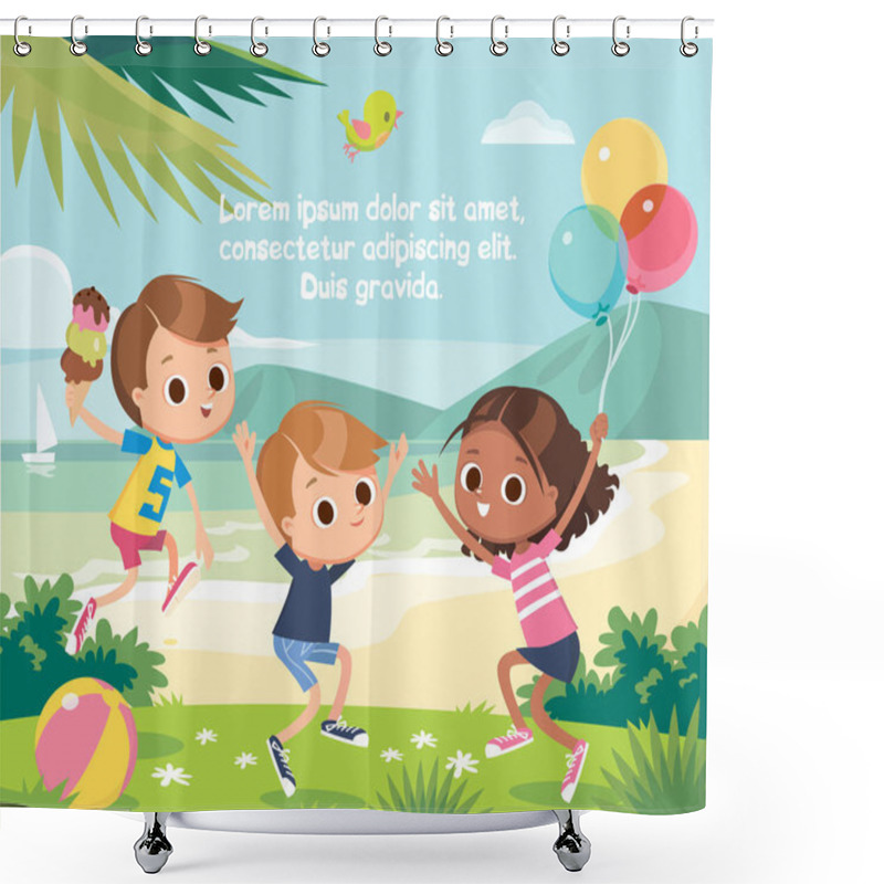 Personality  Happy Smiling Kids Children Jump Outdoors Outside With Hands Up At The Seashore Beach, Having Fun In Fine Good Mood, Fooling Around. Shower Curtains