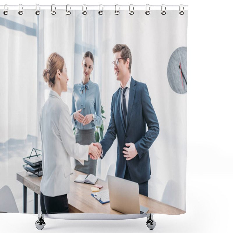 Personality  Cheerful Recruiter Shaking Hands With Woman Near Colleague In Office Shower Curtains