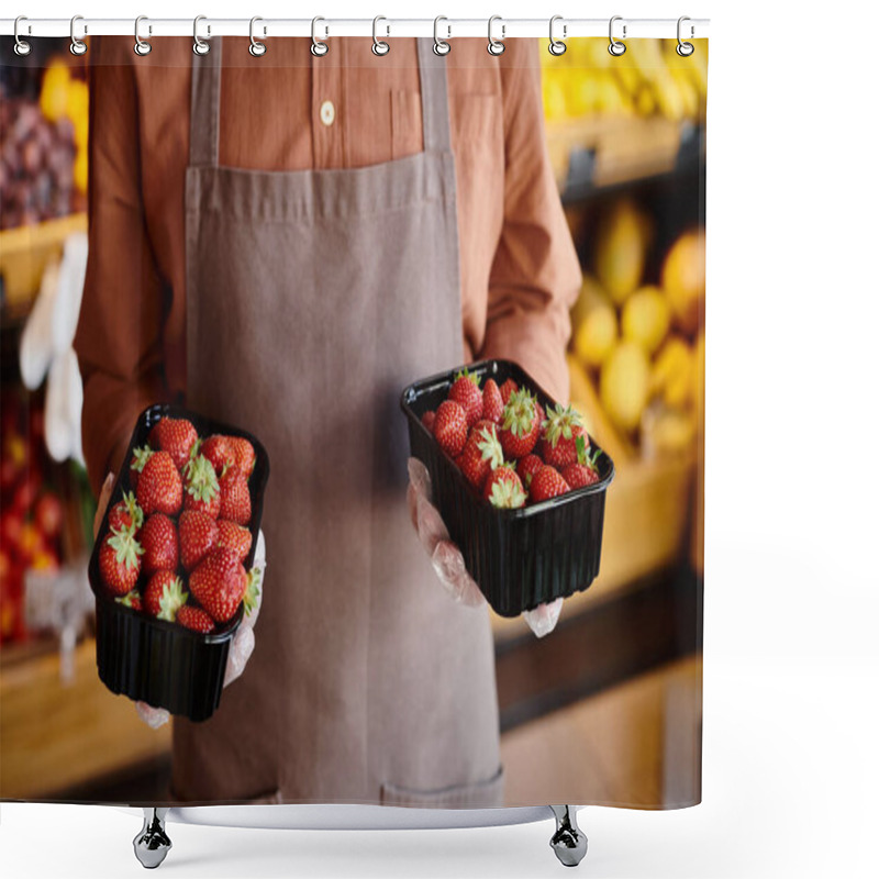 Personality  Cropped View Of Mature Salesman Holding Packs Of Delicious Fresh Strawberries At Grocery Store Shower Curtains