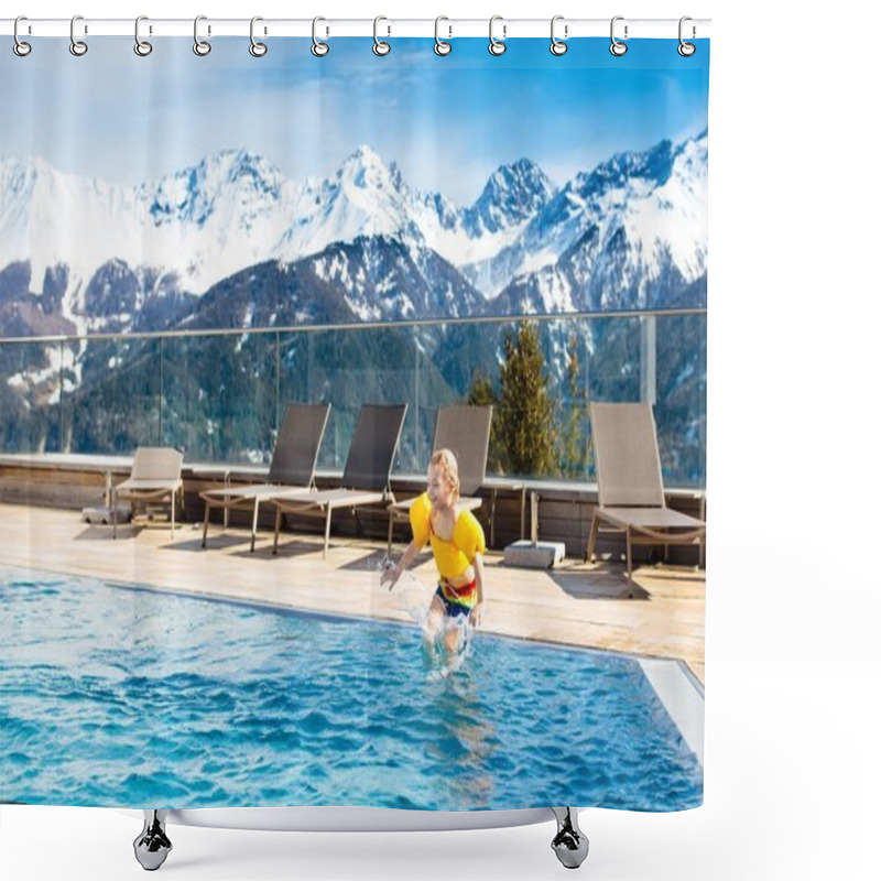 Personality  Child In Outdoor Swimming Pool Of Alpine Resort Shower Curtains