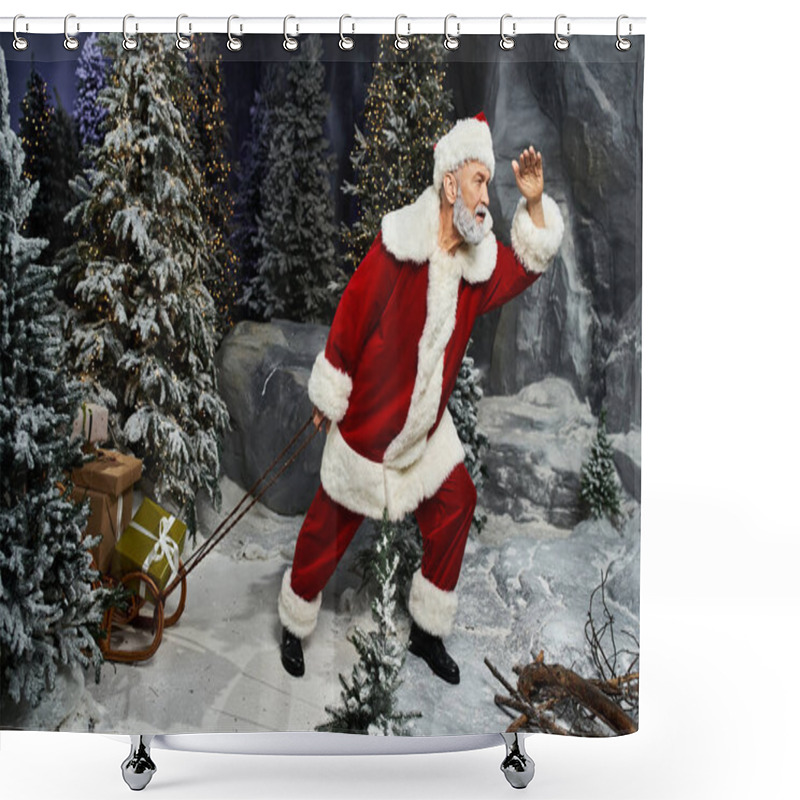 Personality  A Joyful Santa Claus Navigates Through A Snowy Forest While Pulling A Sled Full Of Presents. Shower Curtains