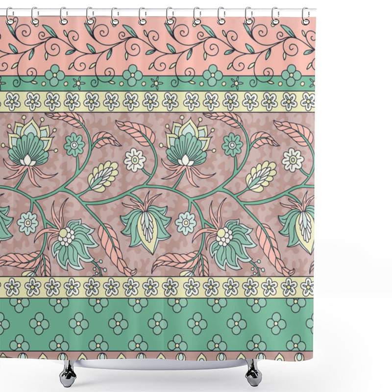 Personality  Floral Seamless Border Pattern With Indian Trailing Flowers Motifs. Persian Earthy Boho Chic Repeat Background. Tribal Neutral Textile Print. Shower Curtains