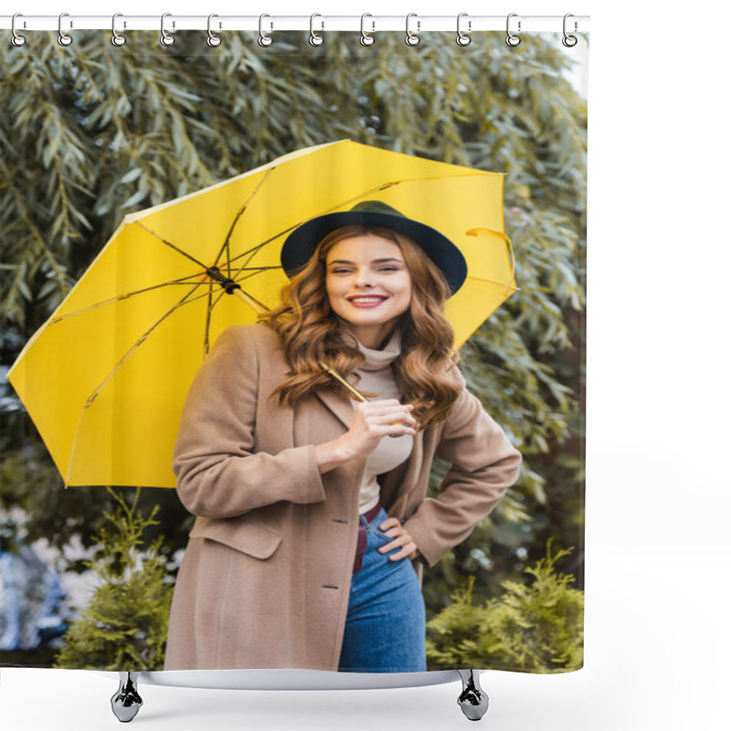 Personality  Attractive Woman In Blue Hat Looking At Camera And Holding Yellow Umbrella  Shower Curtains