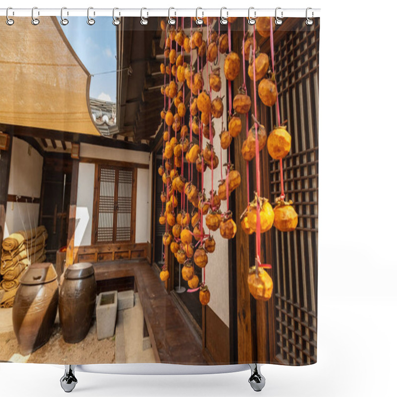 Personality  Dry Persimmon Hanging On The House Hanok Traditional Village In South Korea Shower Curtains