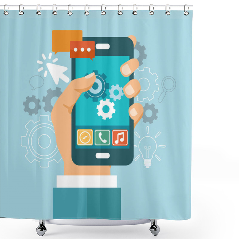 Personality  Application Development Icon. Concept To Building Successful Business. Mobile Phone And Gears On The Screen. Flat Vector Illustration Shower Curtains