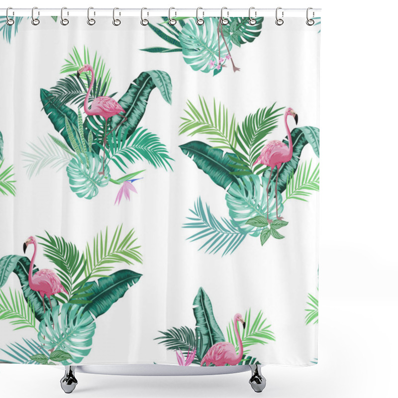 Personality  Vectors Seamless Lush Tropical Leaves Pattern With Pink Flamingos, Vertical Orientation, Exotic Plants And Birds, Monstera Leaves, Banana Leaf, Areca Palm Leaves, Bird Of Paradise, Flowers. Conversational Design Shower Curtains