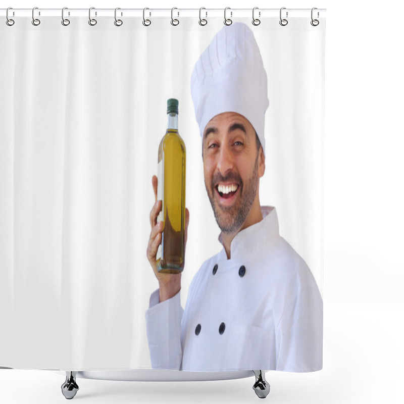 Personality  Laughing Chef Holding Up A Bottle Of Olive Oil Shower Curtains