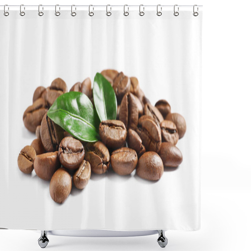 Personality  Roasted Coffee Beans And Fresh Green Leaves On White Background Shower Curtains