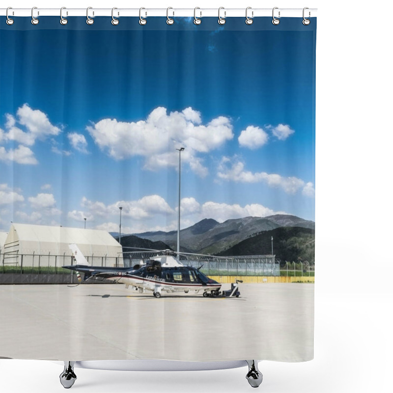 Personality  ALBENGA, ITALY - Apr 18, 2018: The AW109 Nexus Helicopter Used By Carabinieri In Albenga Panero Airport Shower Curtains