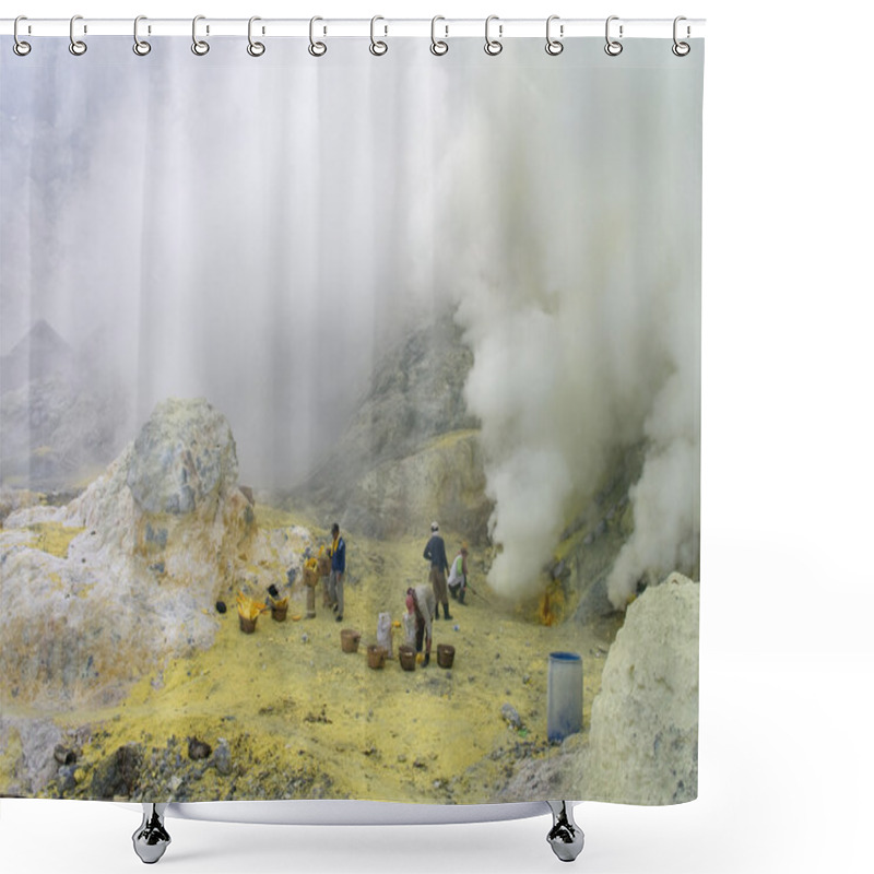 Personality  Unidentified Miners Harvests Raw Sulphur From The Crater Of Kawah Ijen Shower Curtains