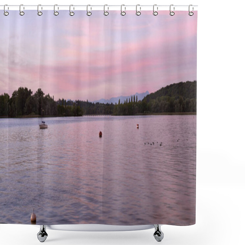 Personality  Experience The Tranquility Of A Sunset Over A Lake With A Pier Extending Into The Calm Water, Surrounded By Sailboats Gently Bobbing On The Surface. This Serene Waterfront Scene Captures The Beauty Of Shower Curtains