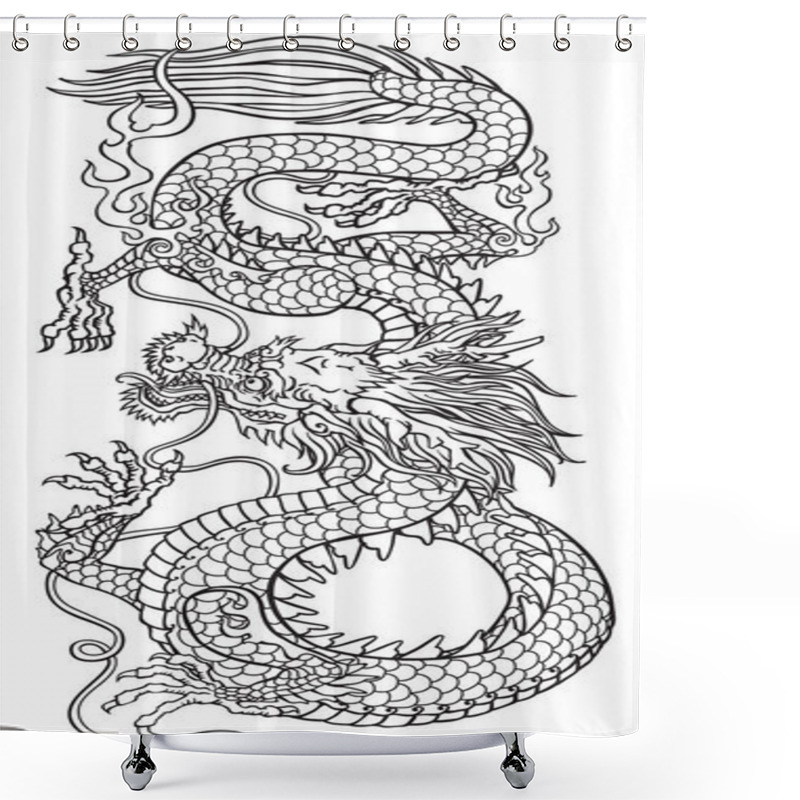 Personality  East Asia Dragon. Traditional Chinese Or Japanese Mythological Creature. Black And White Tattoo Style Vector Illustration. Outline Shower Curtains