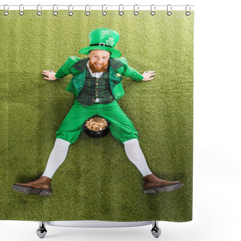 Personality  Smiling Leprechaun With Pot Of Gold Sitting On Green Grass Shower Curtains