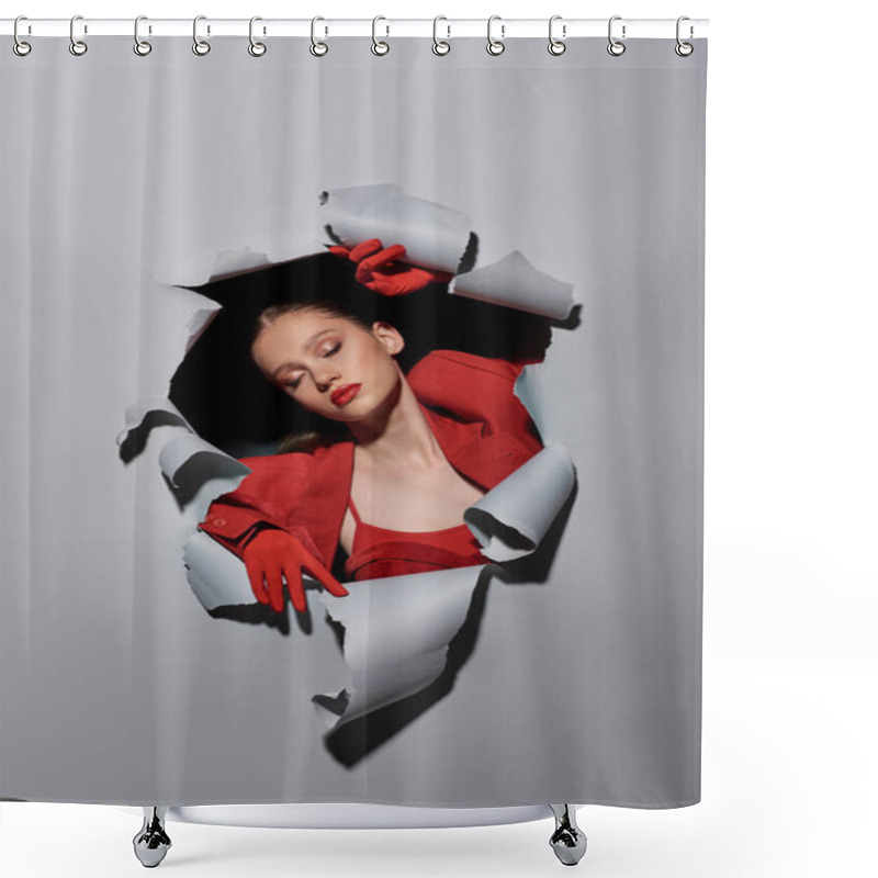 Personality  Pretty Young Woman With Red Lips And Gloves Breaking Though Hole In Grey Background, Conceptual Shower Curtains