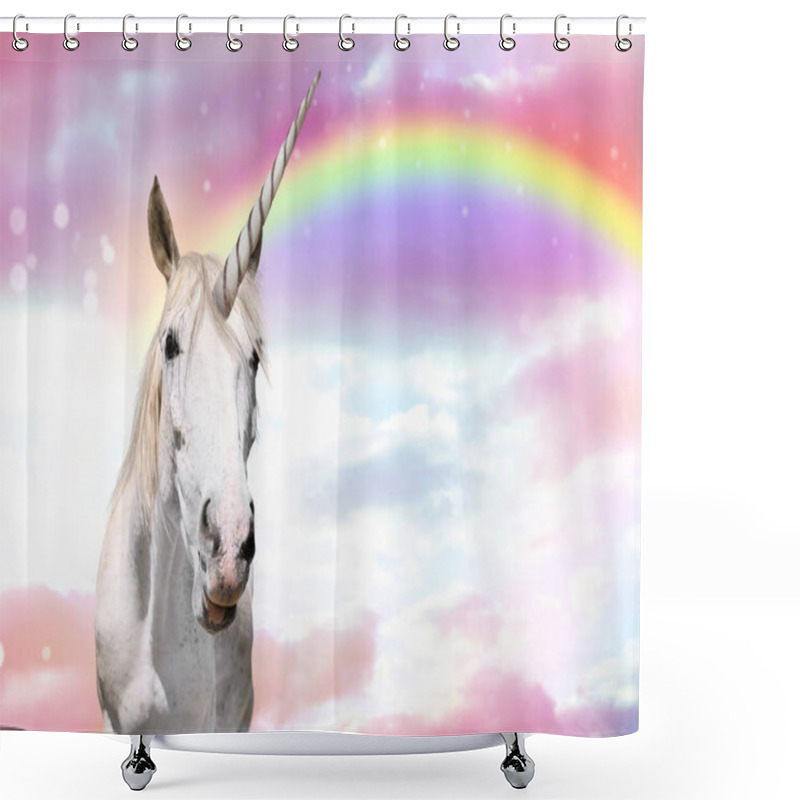 Personality  Magic Unicorn In Beautiful Sky With Rainbow And Fluffy Clouds. Fantasy World Shower Curtains