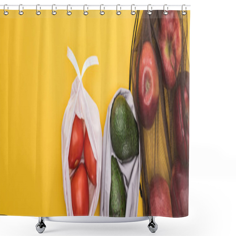 Personality  Top View Of Ripe Apples, Tomatoes, Avocado In Eco Friendly Bags Isolated On Yellow, Panoramic Shot Shower Curtains