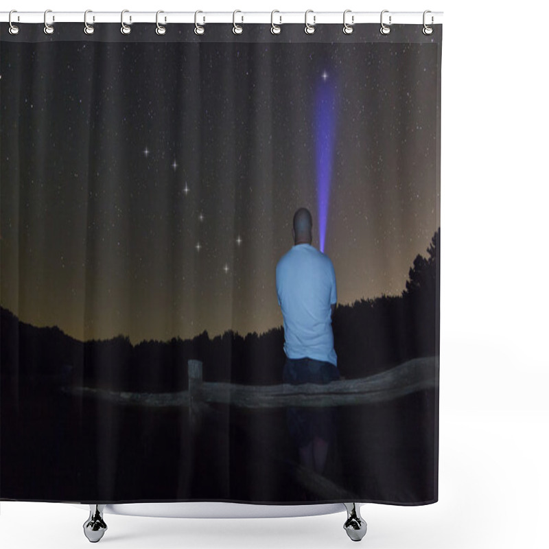 Personality  Man With A Flashlight Pointing To Polaris Star. North Star. Starry Night Ursa Major, Big Dipper Constellation. Beautiful Night Sky. Clear Sky Concept And Background. Shower Curtains