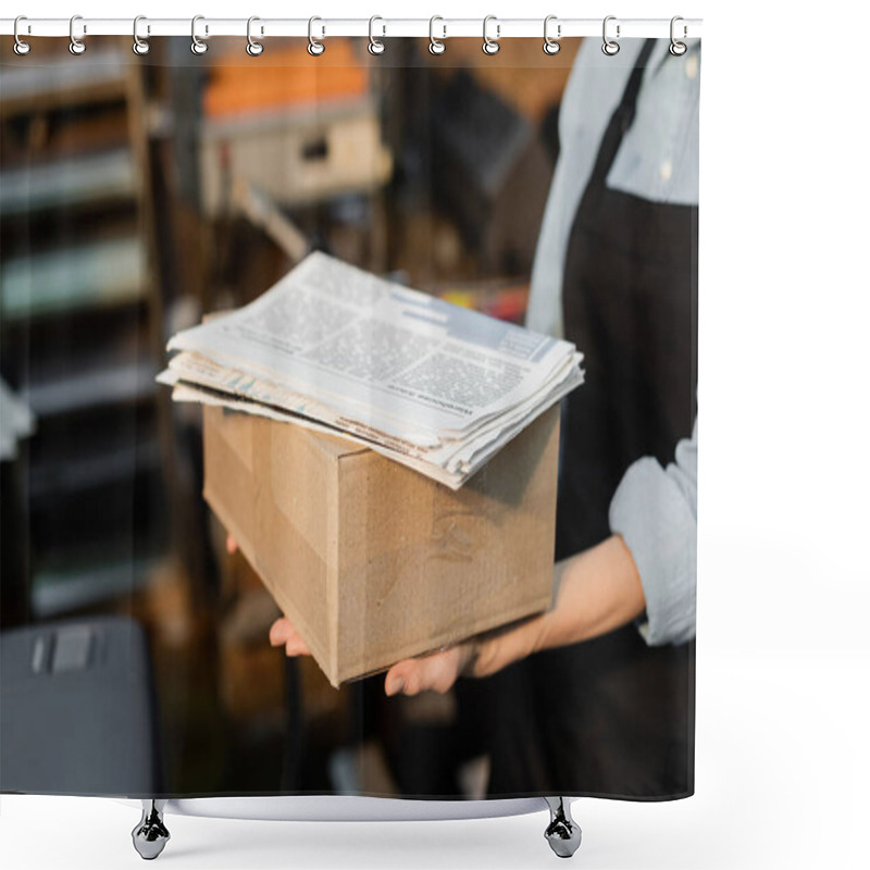 Personality  Partial View Of Female Typographer In Apron Holding Carton Box With Printed Newspapers  Shower Curtains