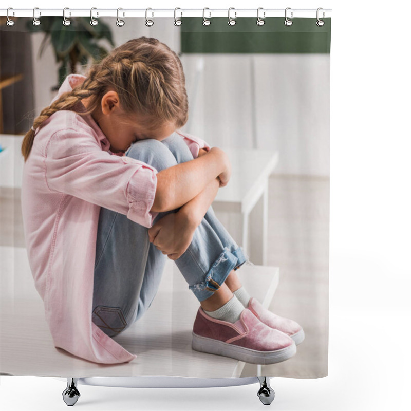 Personality  Bullied Schoolgirl Covering Face While Sitting On Desk In Classroom  Shower Curtains