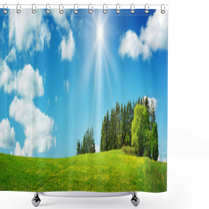 Personality  Green Field With Yellow Dandelions And Blue Sky. Panoramic View To Grass And Flowers On The Hill On Sunny Spring Day Shower Curtains