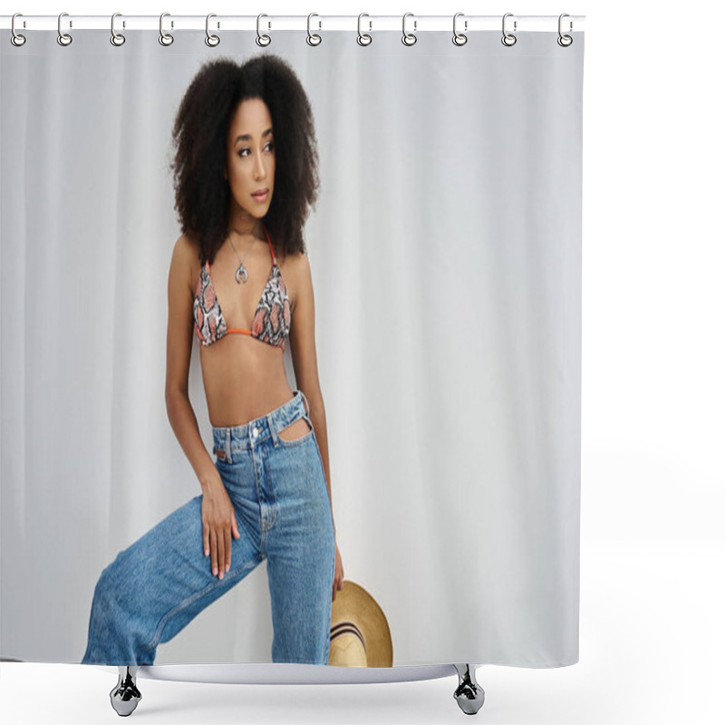 Personality  A Beautiful Young Woman With An Curly Hair Stands Elegantly, Exuding Summer Vibes. Shower Curtains