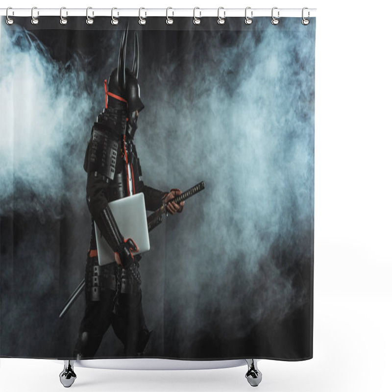 Personality  Side View Of Samurai In Traditional Armor With Laptop Taking Out Sword On Dark Background With Smoke Shower Curtains