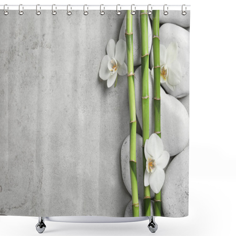 Personality  Bamboo Branches With Flowers And Stones On Gray Background, Top View. Space For Text Shower Curtains