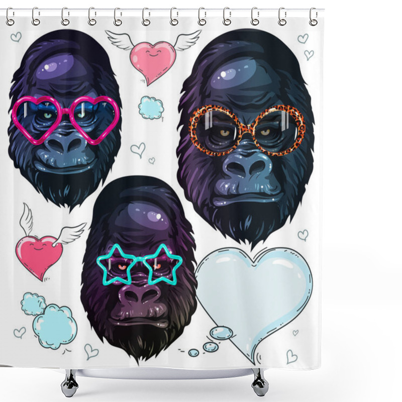 Personality  Vector Set Portrait Monkey, Gorilla In The Fashion Bright Glasses, Portrait Of Monkey In Sunglasses Shower Curtains