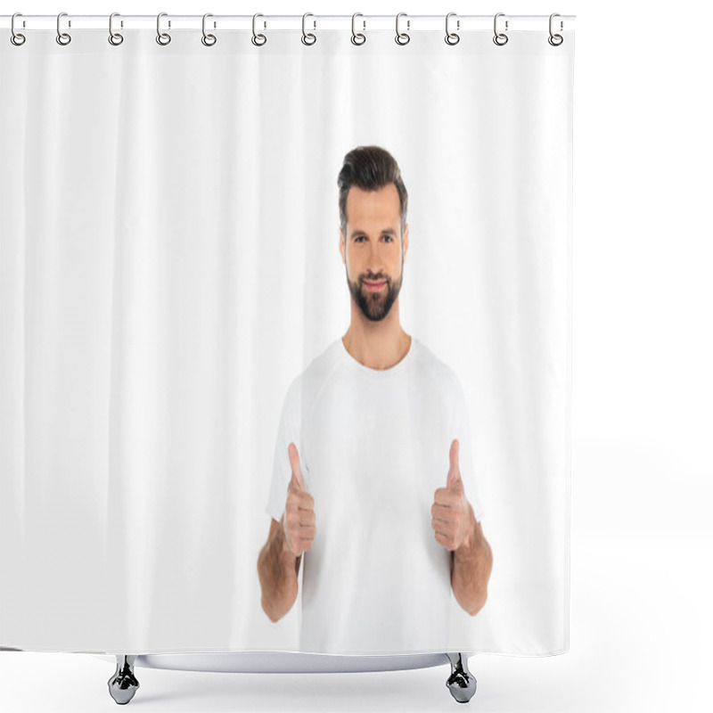 Personality  Pleased Bearded Man Looking At Camera And Showing Thumbs Up Isolated On White Shower Curtains