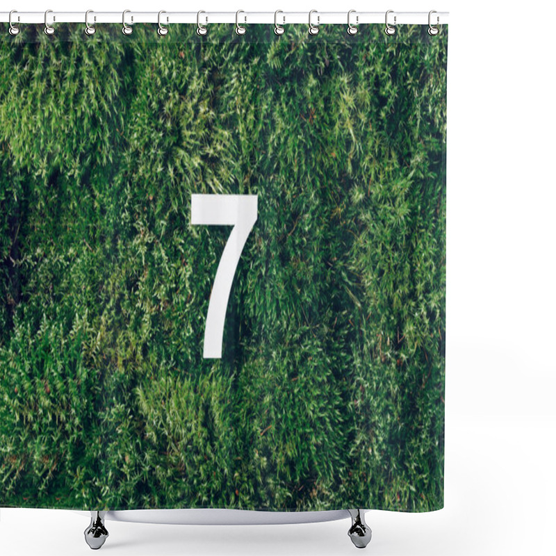 Personality  Ecology, Zero Waste. Green Grass And Digit Seven 7. Birthday Greeting Card. Anniversary Concept. Top View. Copy Space. White Numeral Over Eco Moss Background. Numerical Digit Shower Curtains