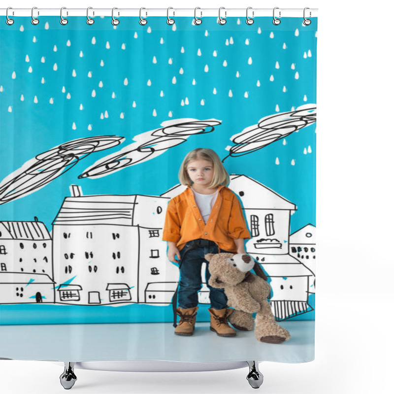 Personality  Upset And Adorable Kid Holding Teddy Bear On Blue Background With Rain Over Buildings Illustration Shower Curtains