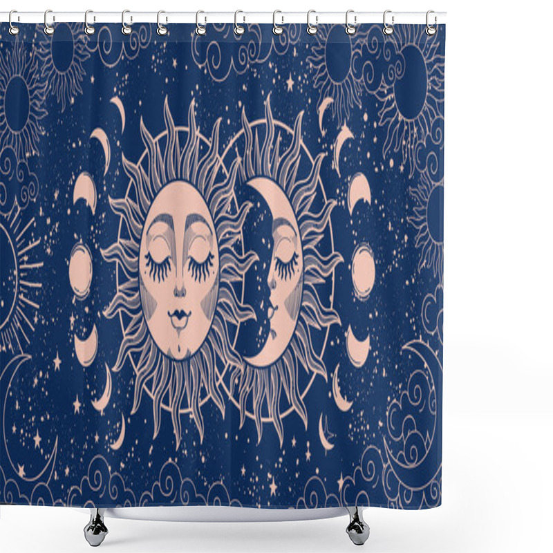 Personality  Magic Background For Tarot, Astrology, Magic. The Device Of The Universe, Crescent Moon And Sun With A Face On A Blue Background. Esoteric Vector Illustration. Shower Curtains