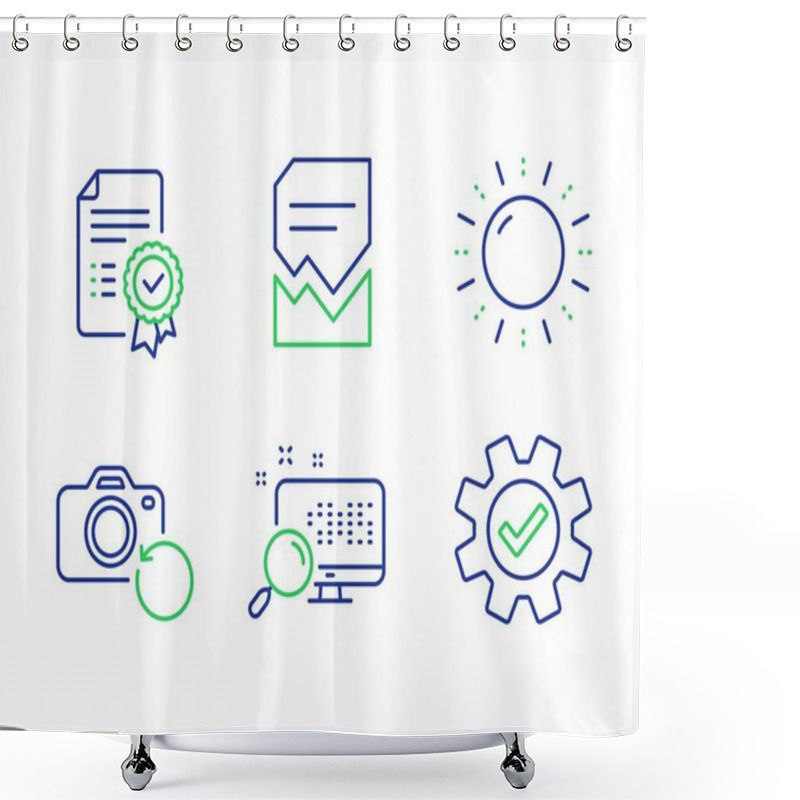 Personality  Search, Recovery Photo And Sun Energy Icons Set. Certificate, Corrupted File And Service Signs. Vector Shower Curtains