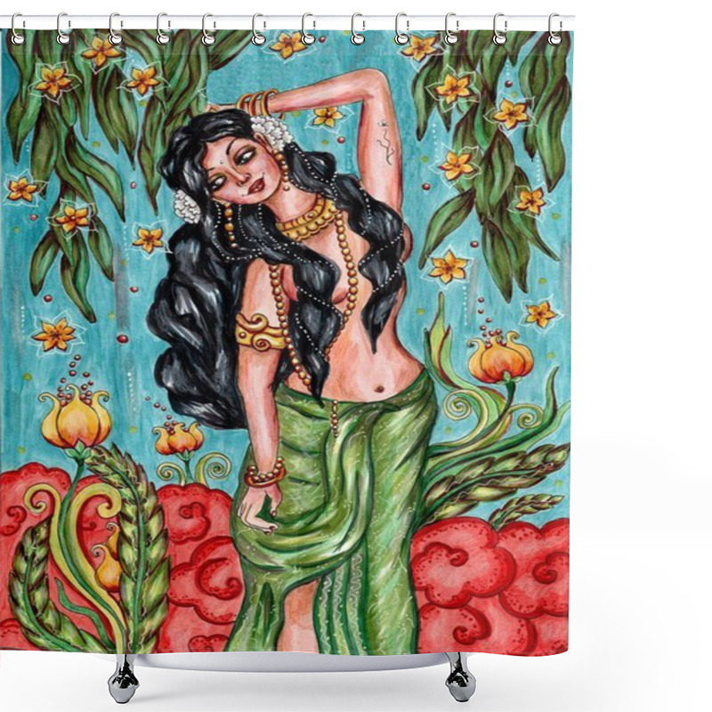 Personality  Indian Traditional Painting Of Woman In Nature, Kerala Mural Style With Beautiful Ornamental Background Shower Curtains