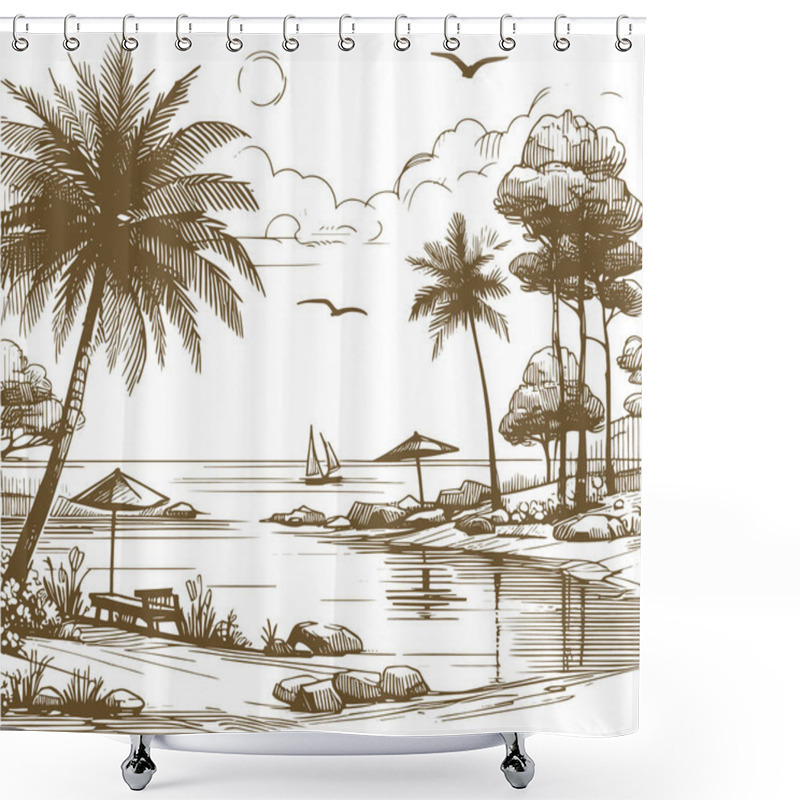 Personality  Vector Sketch Of Summer Holiday At Sea Shower Curtains