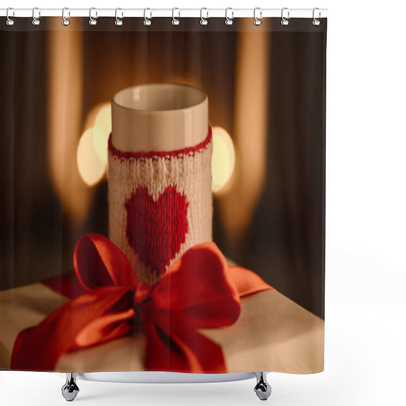 Personality  Present And Knitted Mug With Heart Symbol On Blurred Background Shower Curtains