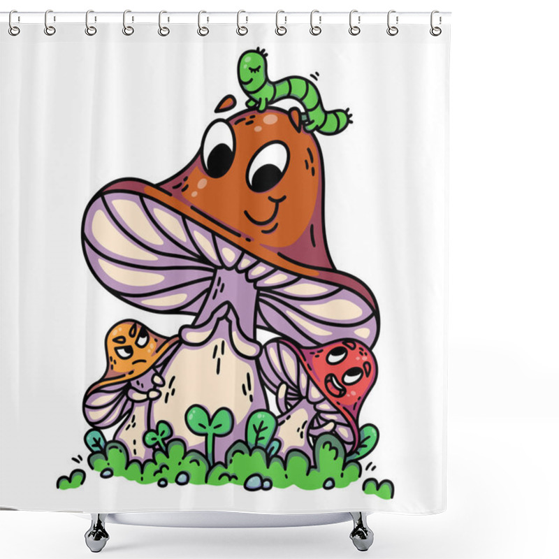 Personality  Cute Cartoon Mushrooms On Green Grass With Caterpillar. Shower Curtains