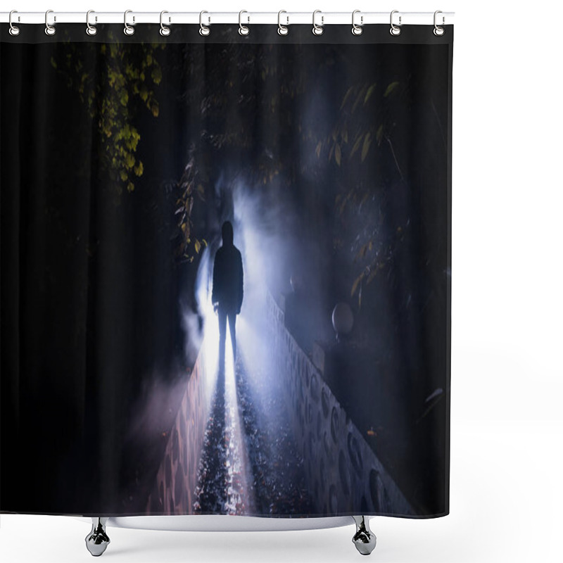 Personality  Silhouette Of Person Standing In The Dark Forest With Light. Horror Halloween Concept. Strange Silhouette In A Dark Spooky Forest At Night Shower Curtains