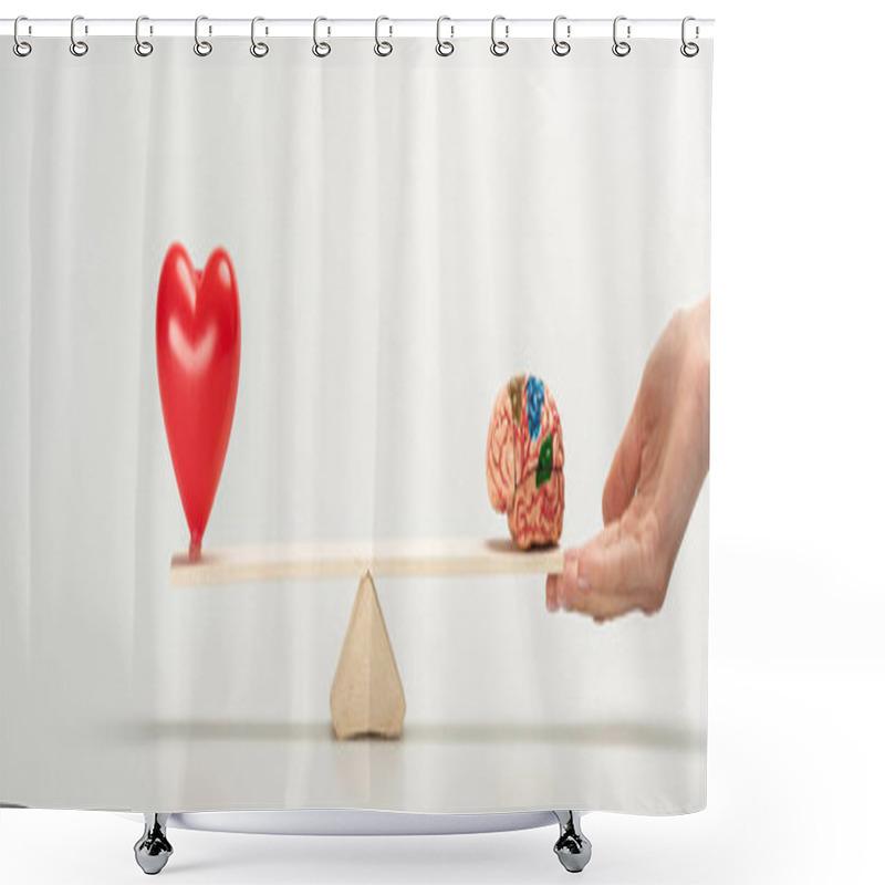 Personality  Panoramic Shot Of Woman Holding Seesaw With Human Brain And Red Heart On White  Shower Curtains