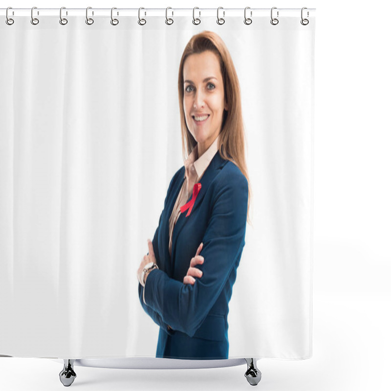 Personality  Smiling Attractive Businesswoman With Red Ribbon On Suit Standing With Crossed Arms Isolated On White, World Aids Day Concept Shower Curtains