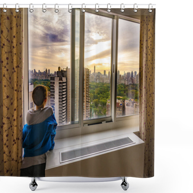 Personality  Boy Looking At A New York City Sunrise Shower Curtains