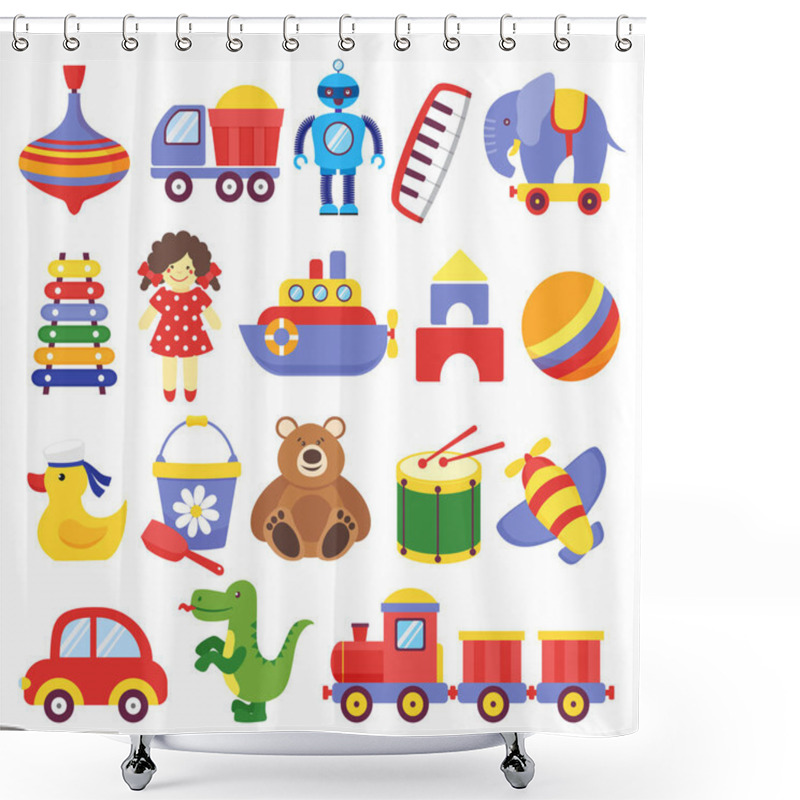 Personality  Kids Toys. Game Toy Peg-top Teddy Bear Drum Yellow Duckling Dinosaur Rocket Childrens Cubes Robot. Baby Toddler Toy Vector Shower Curtains