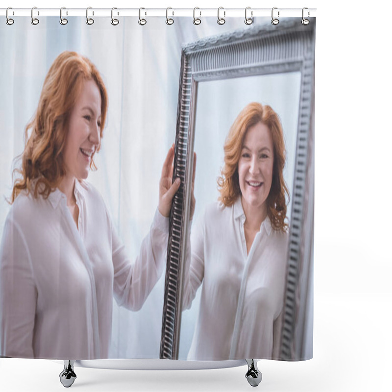 Personality  Beautiful Smiling Mature Woman Standing Near Mirror And Looking At Reflection Shower Curtains