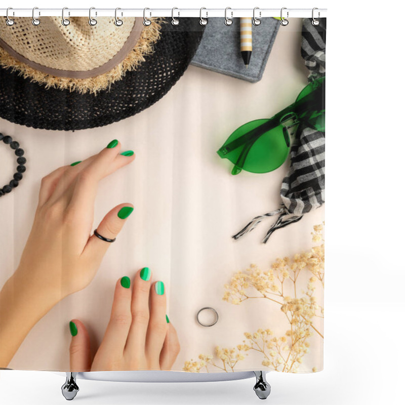 Personality  Manicured Womans Hands With Travel Assesories On Beige Background. Top View Flat Lay Vacation Concept Shower Curtains