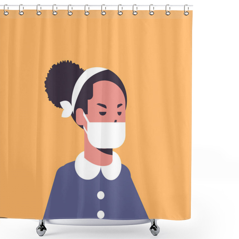 Personality  Woman Wearing Face Mask Environmental Industrial Smog Dust Toxic Air Pollution And Virus Protection Concept Female Cartoon Character Portrait Flat Shower Curtains